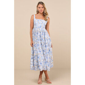 Lulus Colwyn Blue Floral Basque Waist Bustier Midi Skirt - Size M